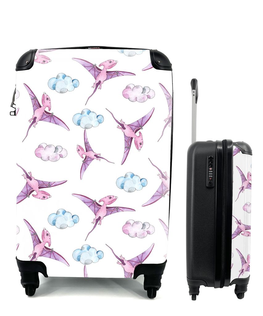 MuchoWow Koffer Handgepäck Trolley Rollkoffer Kleine Reisekoffer mit 4 Rollen - Dinosaurier - Muster - Mädchen - Kinder - Rosa - Kinder - Cabin...