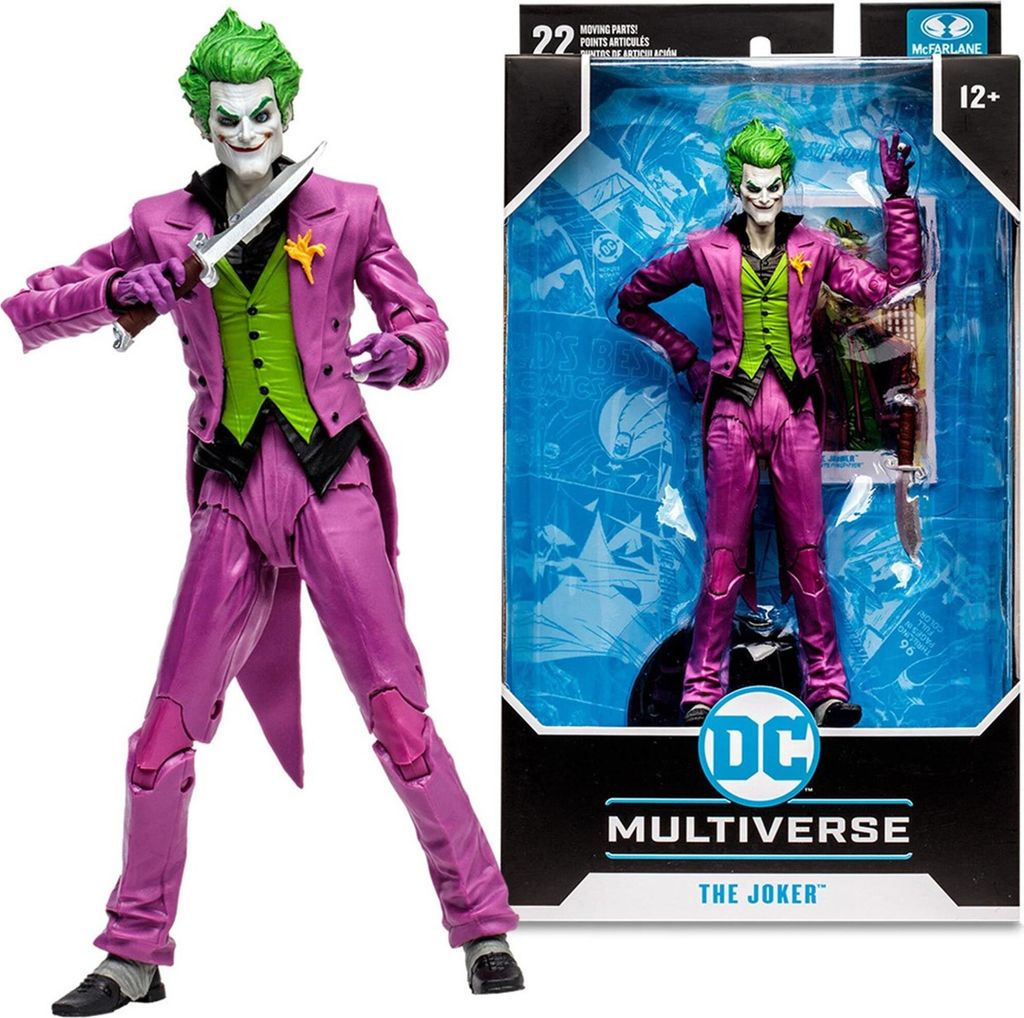 A product shot of a Joker action figure and its packaging.
