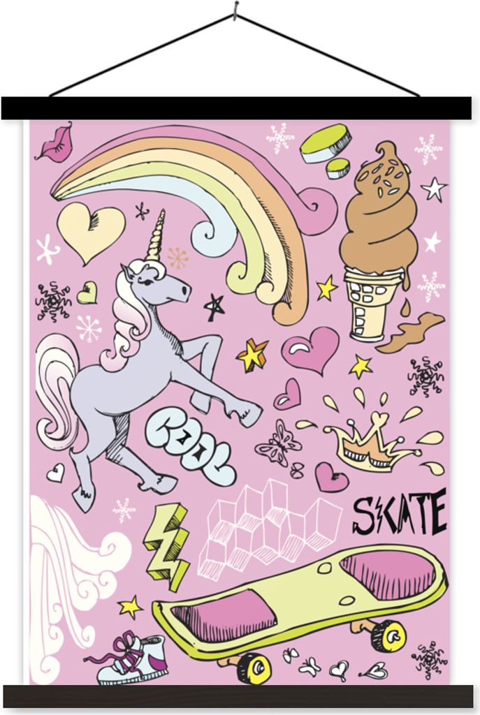 MuchoWow Textilposter Mädchen - Design - Einhorn - Regenbogen - Rosa 90x120 cm mit schwarzem Rahmen - Dekoration