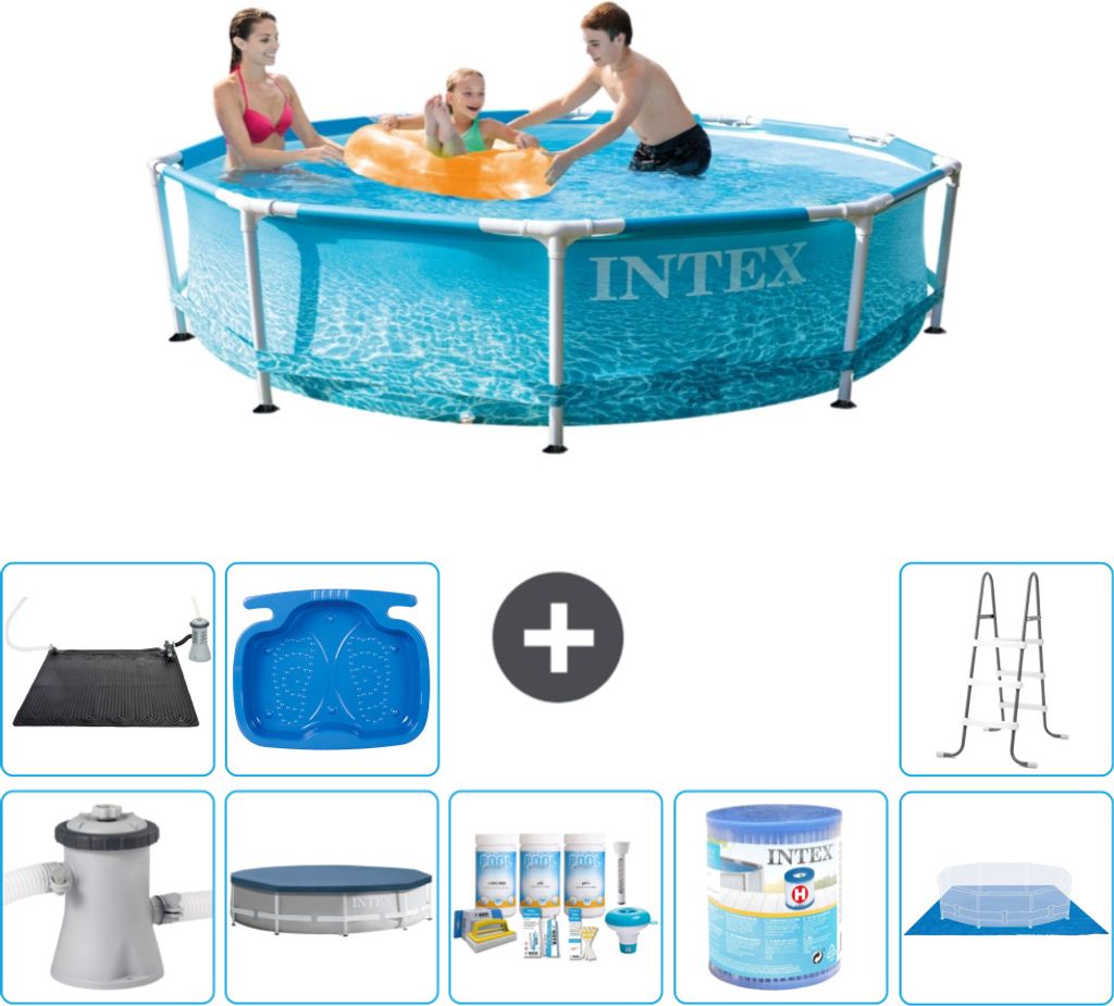 Intex Rundrahmen-Schwimmbecken – 305 x 76 cm – Wasserdruck – inklusive Pumpe Abdeckung - Wartungspaket - Filter - Bodenplane - Solarmatte - L...