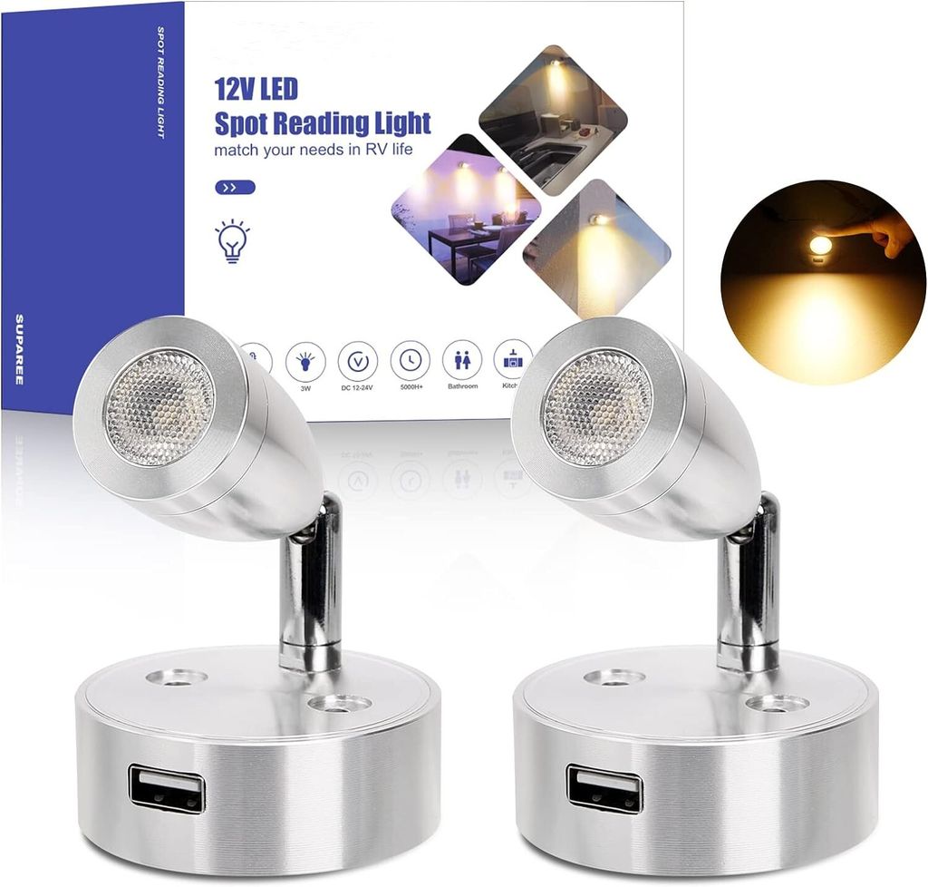 LED Leselampe Touch Nachttischlampe Dimmbar mit Schalter und USB-Anschluss Nachtlicht für Camper Reisemobil Caravan Boat Silber