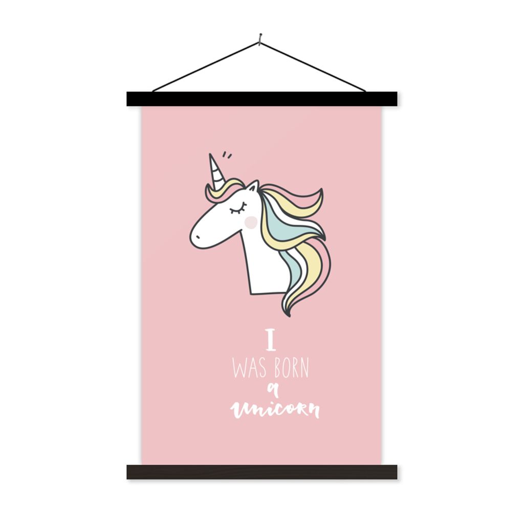 MuchoWow Textilposter Einhorn - Zitate - Rosa - Ich wurde als Einhorn geboren - Mädchen - Kind 120x180 cm mit schwarzem Rahmen - Fotos