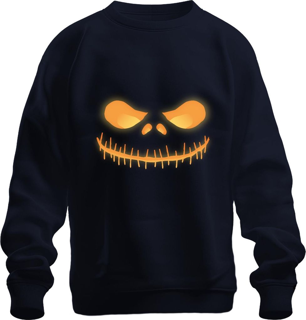 Halloween Grinsender Totenkopf Leuchtend Neon Gelb Horror Glühend Uni Sweatshirt Pullover, Navy, 3XL