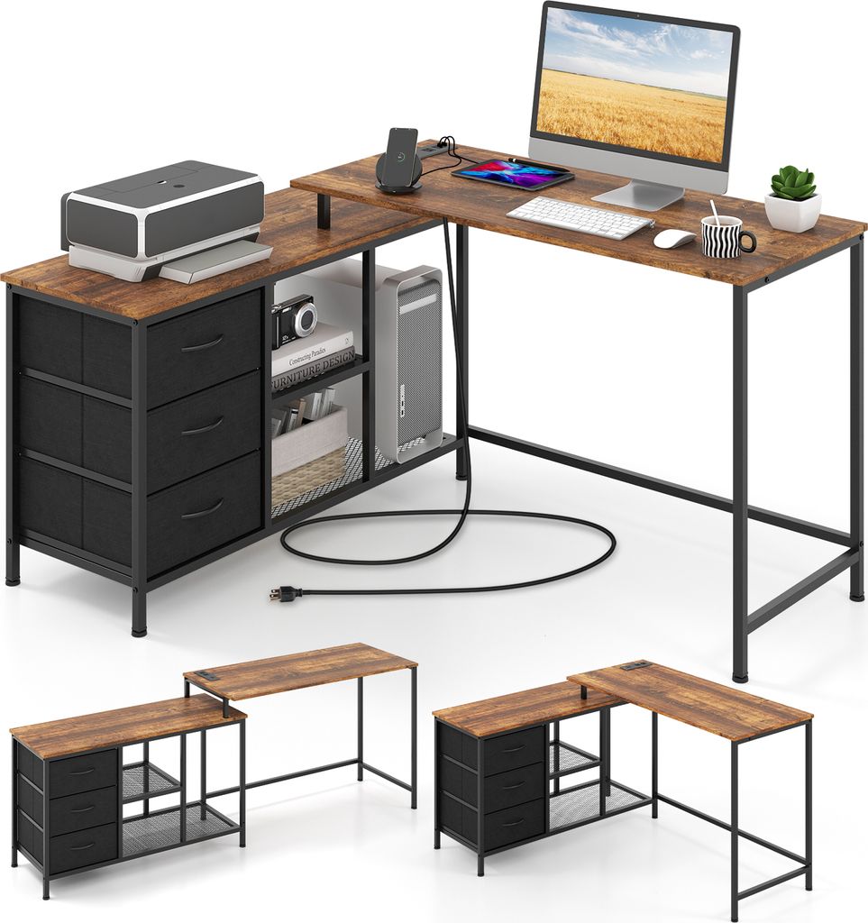 A L-shaped desk with a computer, printer, and storage drawers, shown from multiple angles.