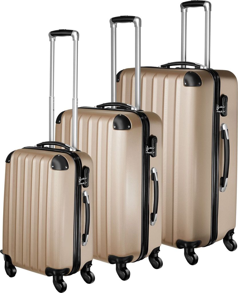 Three suitcases of varying sizes are displayed side-by-side against a white background.
