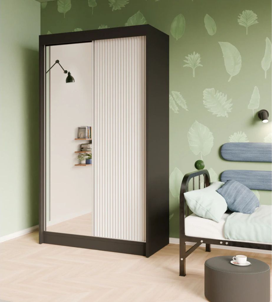 Schwebetürenschrank, 2-türig Kleiderschrank und Spiegel, Moderne Garderobe, Schrank in Größe: 120 x 215 x 61 cm