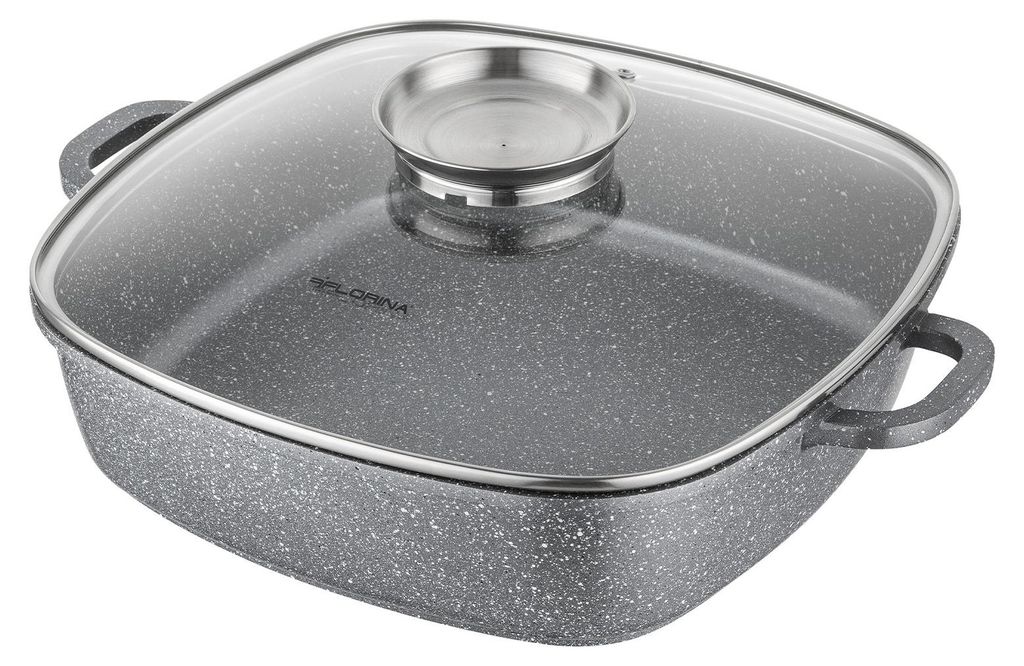 A square aluminum pot with a glass lid and handles, shown from a slightly elevated angle on a white background.
