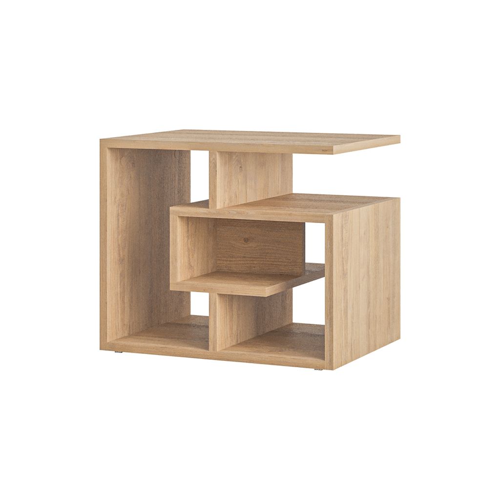 A modern wooden side table with multiple open shelves, presented against a white background.