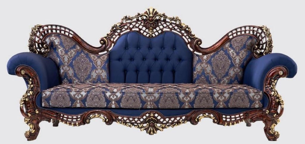 Casa Padrino Luxus Barock Sofa Blau / Dunkelbraun / Gold 270 x 100 x H. 122 cm - Prunkvolles Wohnzimmer Sofa mit elegantem Muster - Möbel im Baroc...