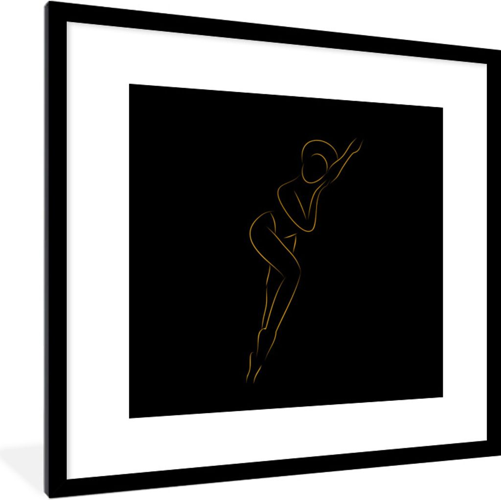 MuchoWow Gerahmtes Poster Frau - Schwarz - Gold - Strichzeichnung 40x40 cm - Poster mit Schwarzem Bilderrahmen Wandposter Rahmen Foto Bilder - Po...