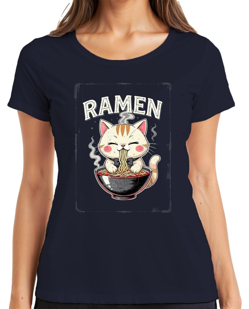 Ramen Katze kawaii Nudeln Schale süß lustig Japan Retro Damen T-Shirt, Navy, S