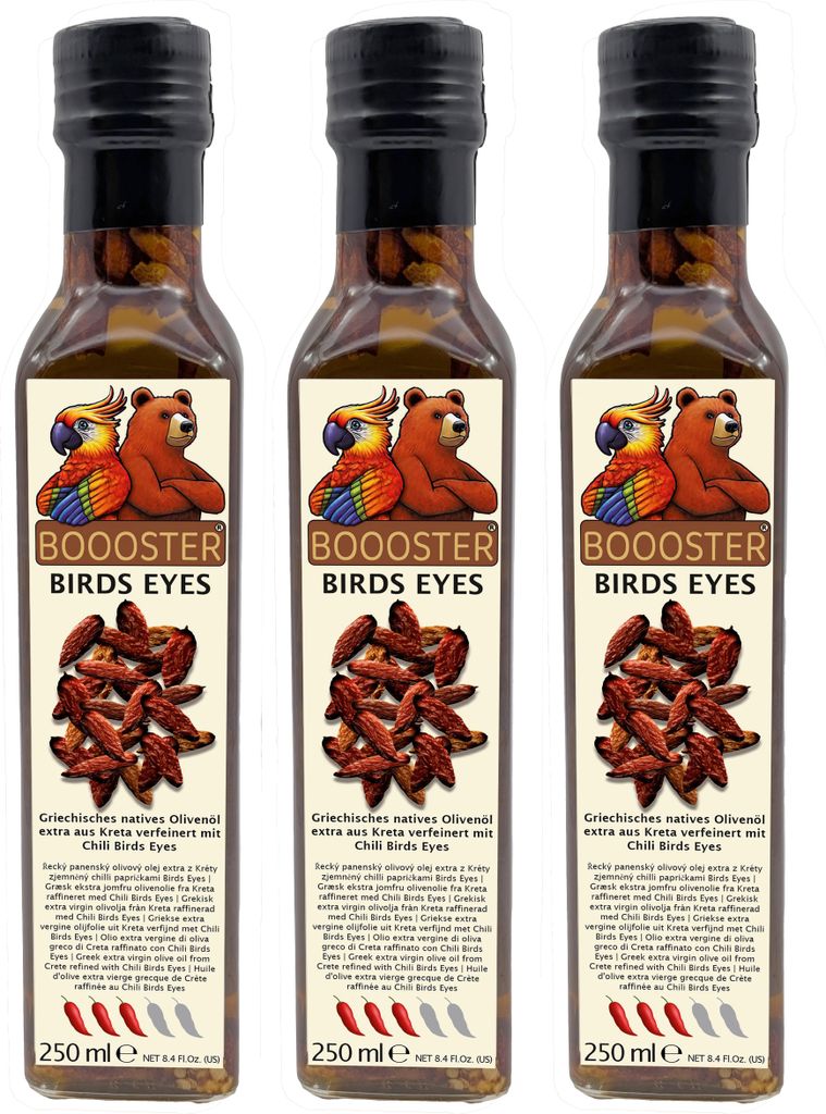 APSU Würz-Öl 3x250ml von BOOOSTER Extra Natives Olivenöl mit Bird’s Eye Chilis Premium-Dressing-Öl aus Griechenland Kreta für Feinschmecke...