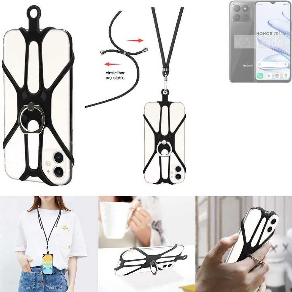 K-S-Trade 3in1 Handykette Handyband Handykordel Halsband Smartphone-Ring Handy-Ring kompatibel mit Honor 70 Lite Fingerhalterung Handyring