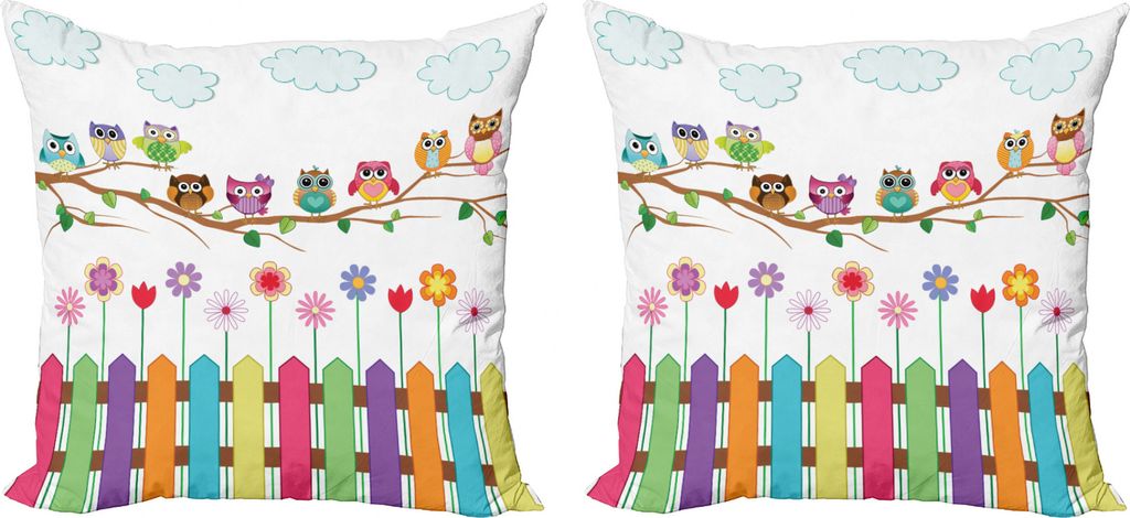 ABAKUHAUS Eulen Kissenbezug Set (2Stück), Vogel auf Zweig Sunny Day, doppelseitiges Digitaldruckdekor mit Reißverschluss, 50 cm, Mehrfarbig