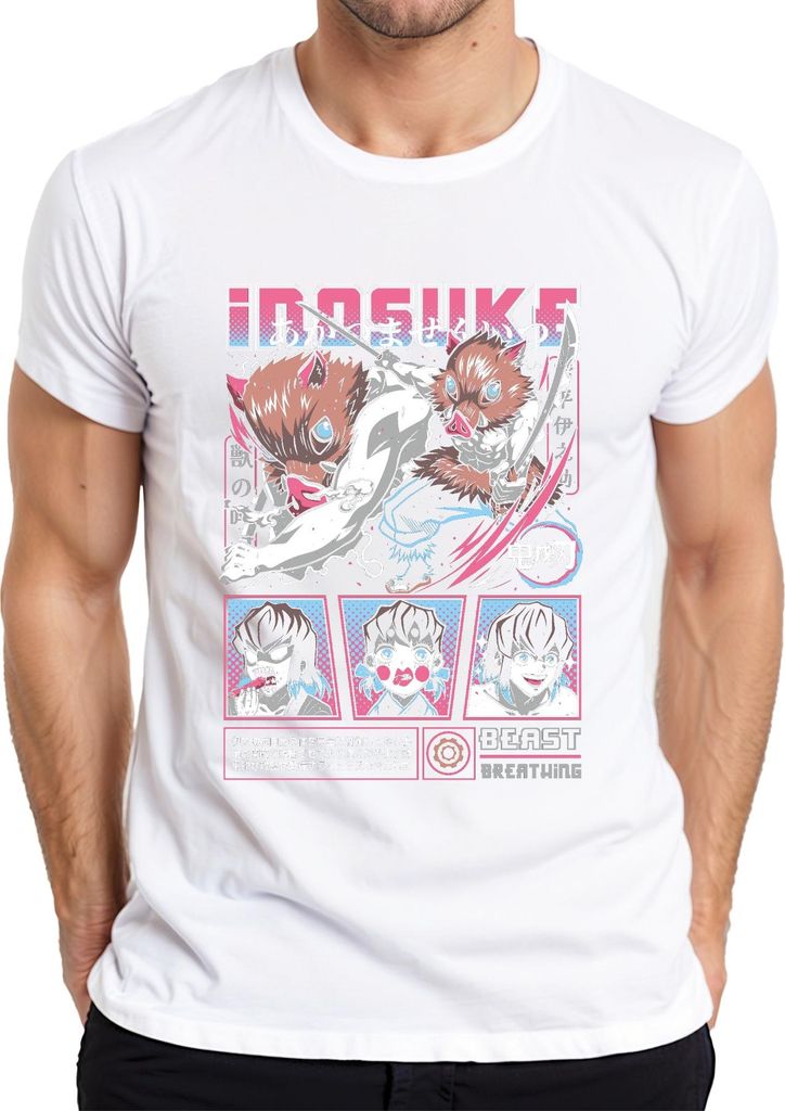 Inosuke Kimetsu no Yaiba Ebermaske Anime Geschenk Beast Herren T-Shirt, Weiß, L