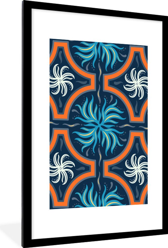 MuchoWow MuchoWow Gerahmtes Poster Blumen - Blau - Weiß - Orange 60x90 cm - Poster mit zchwarzem Bilderrahmen - Dekoration - Wandposter Wohnzi...