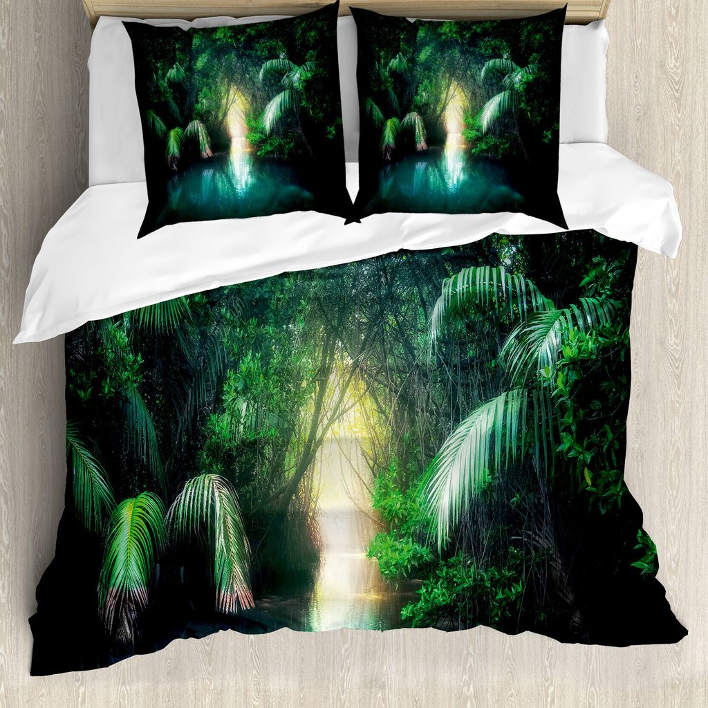 ABAKUHAUS Urwald Bettbezug, Mangrove Regenwald See, Milbensicher Allergiker geeignet mit Kissenbezügen, 200 cm x 200 cm - 80 x 80 cm, grüne Teal