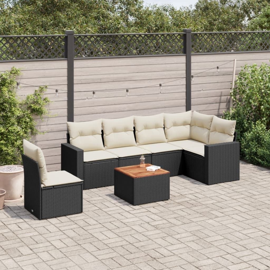Schlichtes 7-tlg. Garten-Sofagarnitur,Lounge-Gartenmöbel, Gartensofa Set mit Kissen Schwarz Poly Rattan DE3790