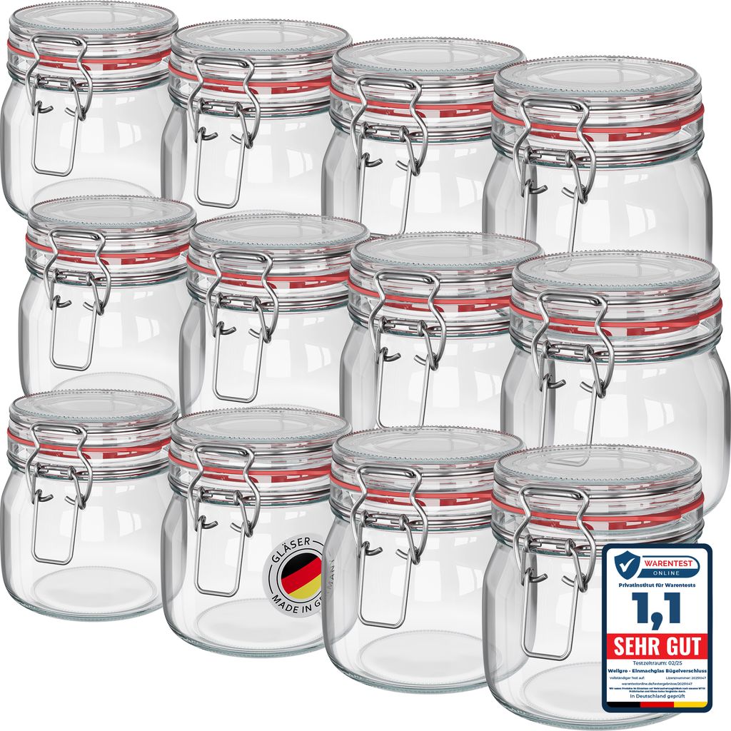WELLGRO Einmachgläser mit Bügelverschluss rund 634ml - Vorratsgläser