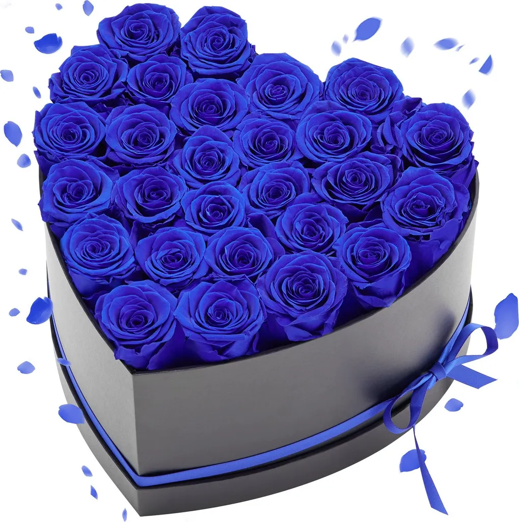 Roses éternelles en boîte cœur : 27 fleurs naturelles - Bleu roi