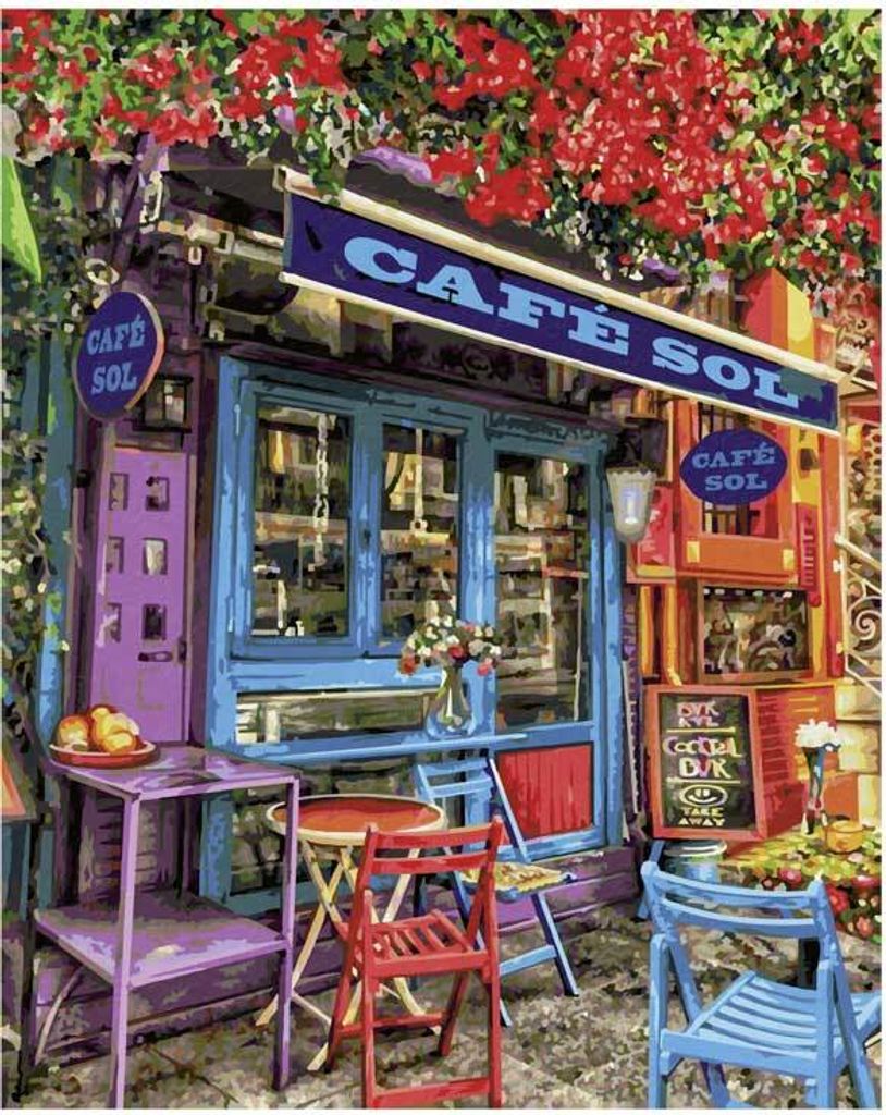 MNZ Buntes Café 40x50 cm – Malen nach Zahlen mit Produktbild 