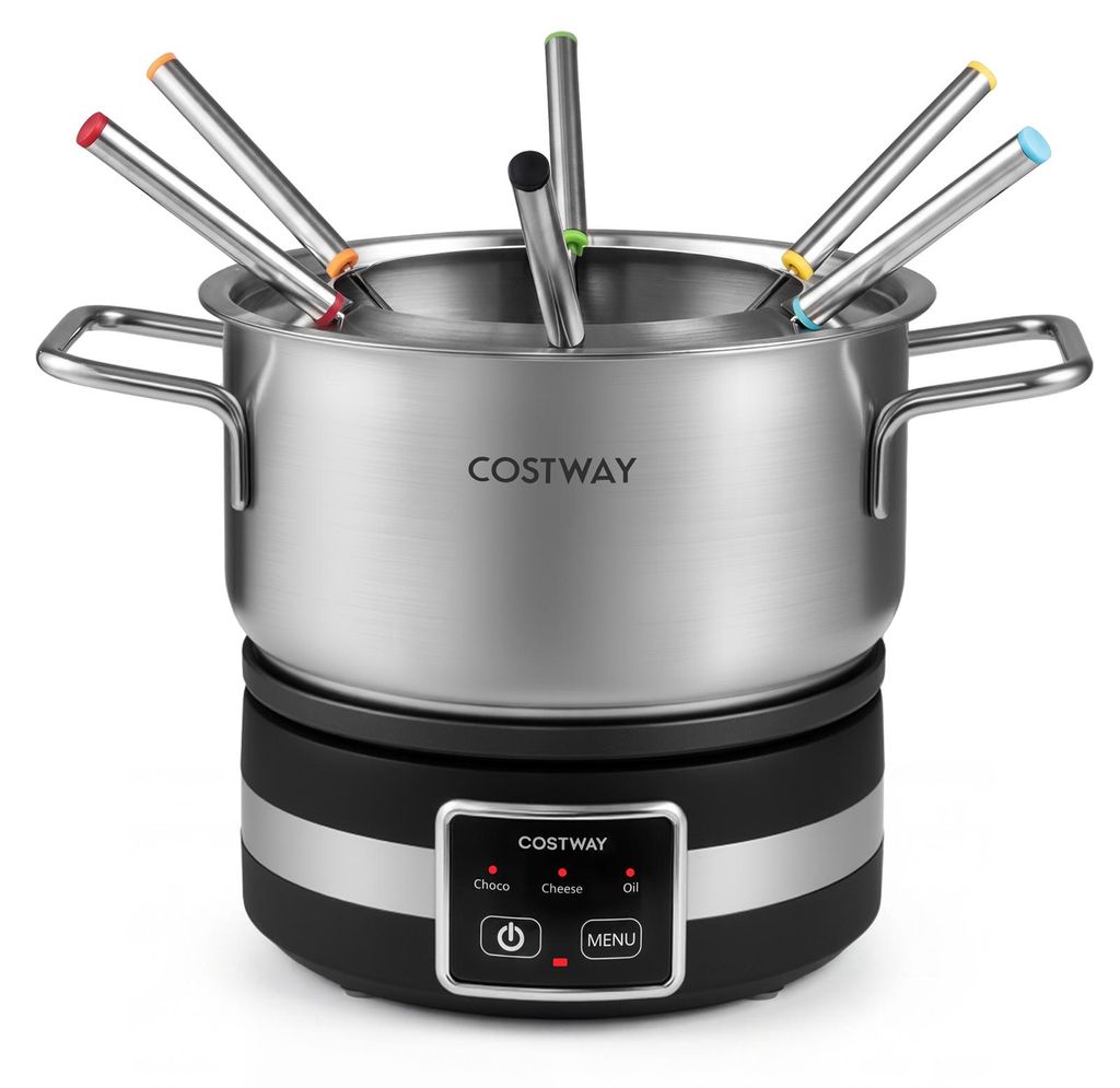COSTWAY Fondue elektrisch Set, 1200W Fondueset mit 8 farblich markierten Gabeln & Gabelhalter, 2,3L Edelstahl-Topf spülmaschinenfester für Käse ...