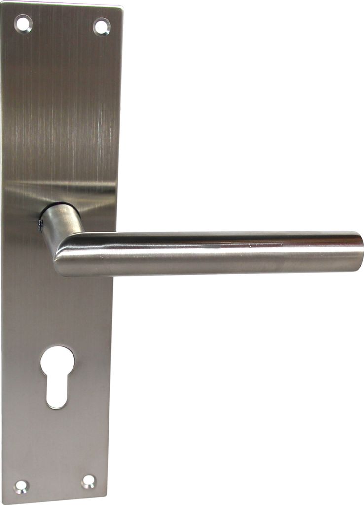 A stainless steel door handle set with a backplate and a keyhole.
