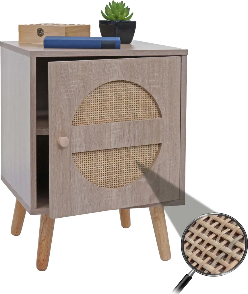 Table de nuit aspect chêne pour chambre, bout de canapé rotin Kubu