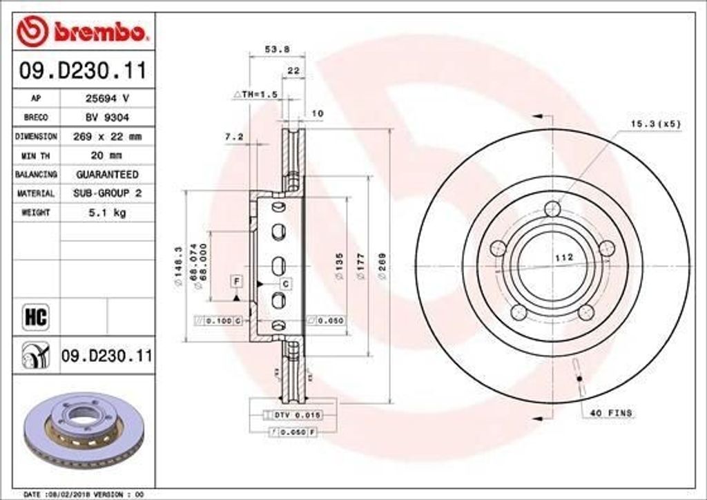 BREMBO 09.D230.11 - OE 4B3615601 Bremsscheibe für A6 (4B), Passat (3B)