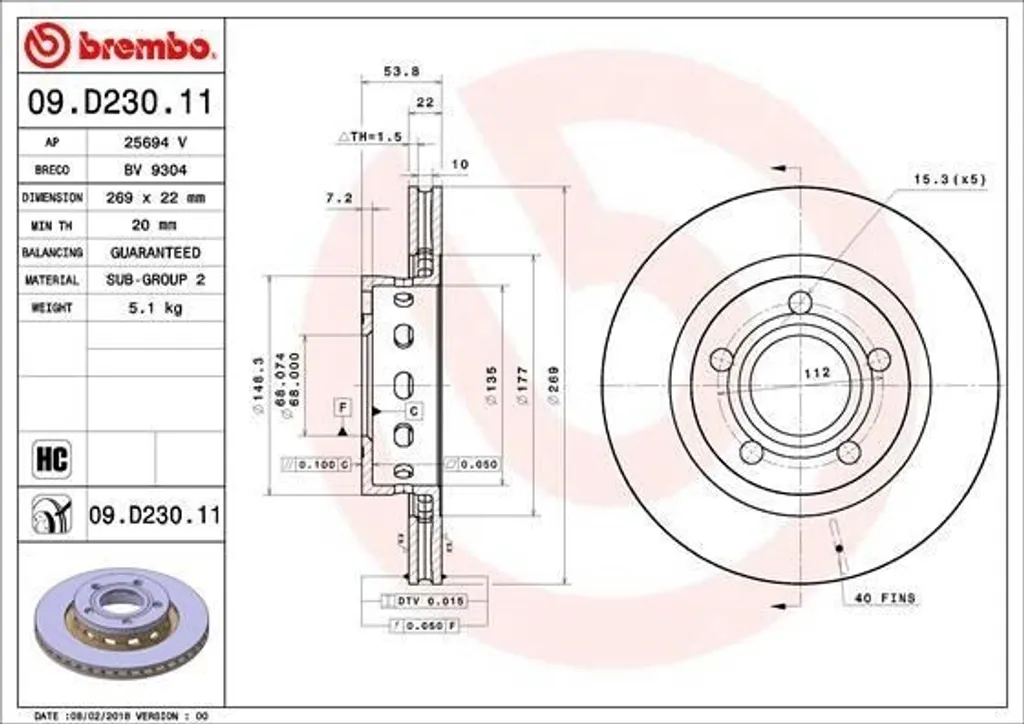 Disque de Frein Brembo 09.D230.11 avec Protection Anti-Corrosion UV