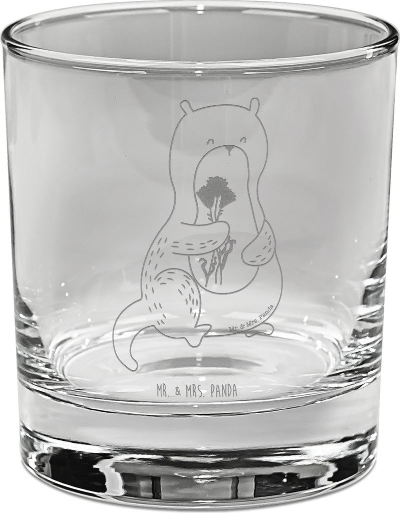 Mr. & Mrs. Panda Whisky Tumbler Otter Blumenstrauß - Transparent - Geschenk, Süß, Seeotter See, Gravur Whiskyglas, Glas, Old Fashioned, Niedlich...