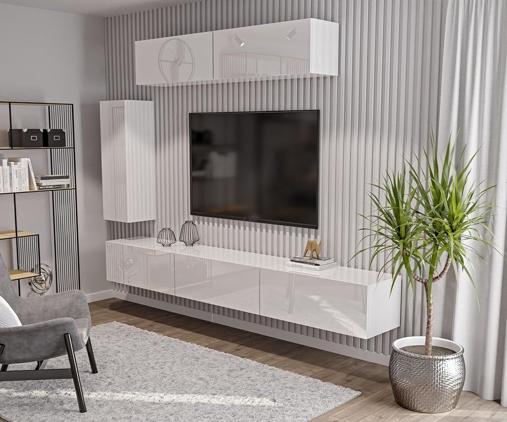 Stilvoll Anbauwand Wohnwand mit TV-Schrank Schrankwand Weiß Hochglanz, TV-Möbel, Wohnzimmer-Set