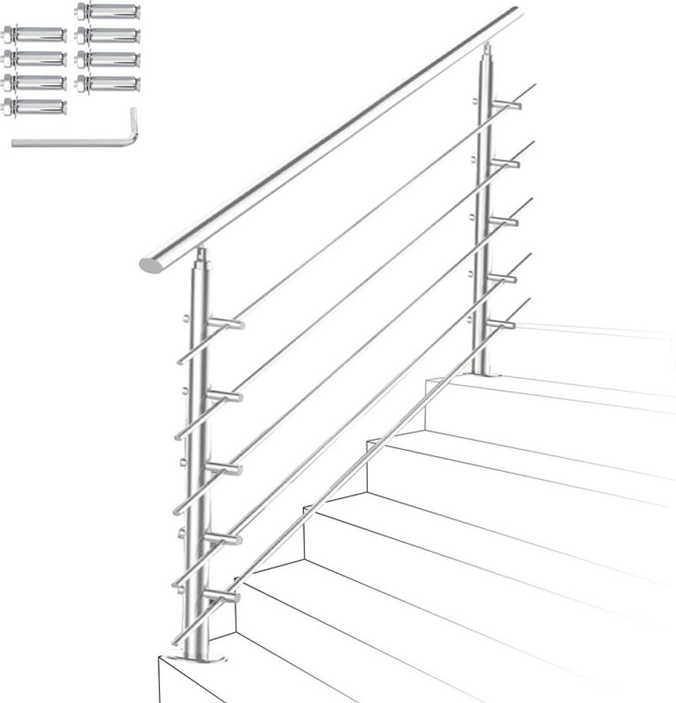 Jopassy Edelstahl-Handlauf Geländer für Treppen Brüstung Balkon mit/ohne Querstreben (180cm, 5 Querstreben)