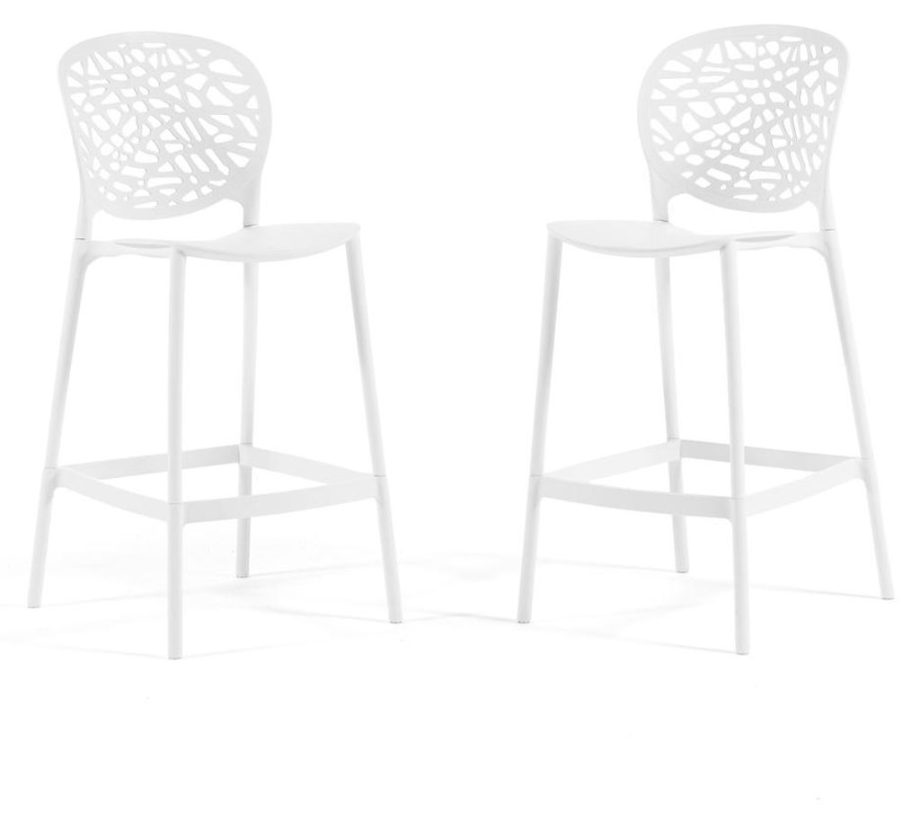 Set mit 2 hohen stapelbaren Outdoor-Barhockern aus Polypropylen mit Glasfaser durchbrochene Rückenlehne Fußstütze für Garten Bar Küche Terrass...