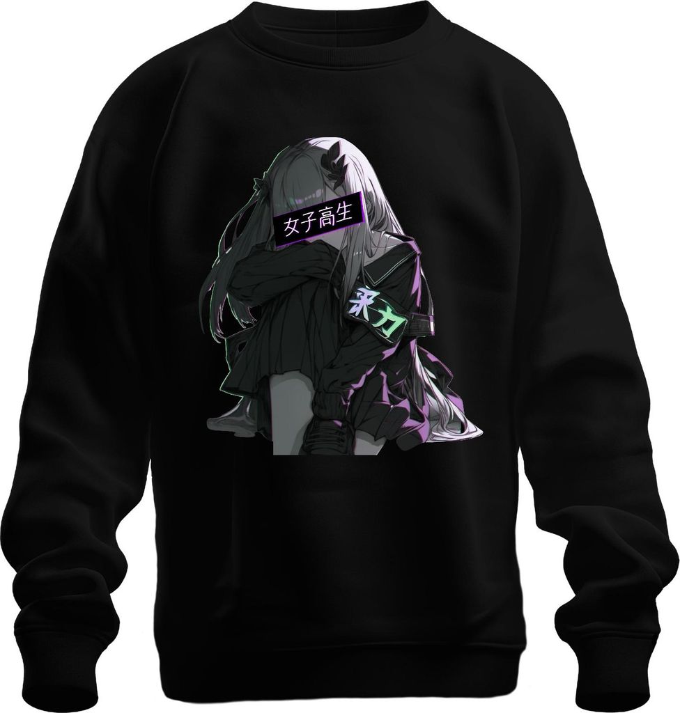 女子高生 Anime Gothic Emo Traurig Vaporwave Neon Ästhetisch Kawaii Uni Sweatshirt Pullover, Schwarz, S