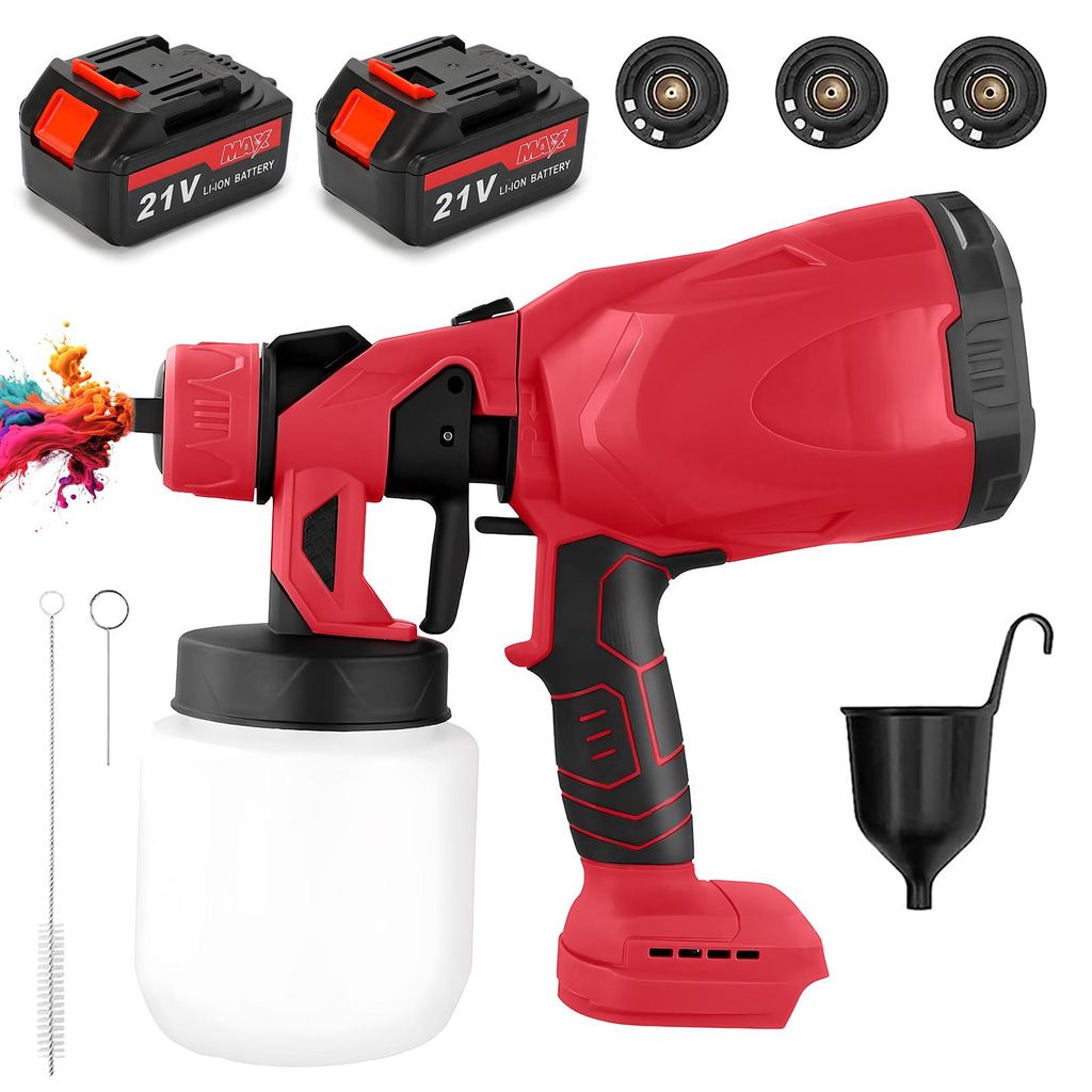 HDeye 21V Kabelloses Spritzgerät 800W 3 Düsen 800ml 2 Batterien, Rot