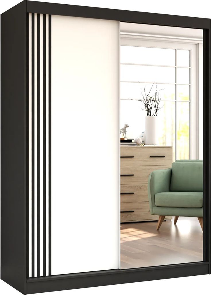 Garderobe Lara 07 Schwarz + Weiß - Elegante Garderobe mit dekorativen Lamellen, sehr modische Garderobe mit Schiebetüren und Spiegel, Garderobe...