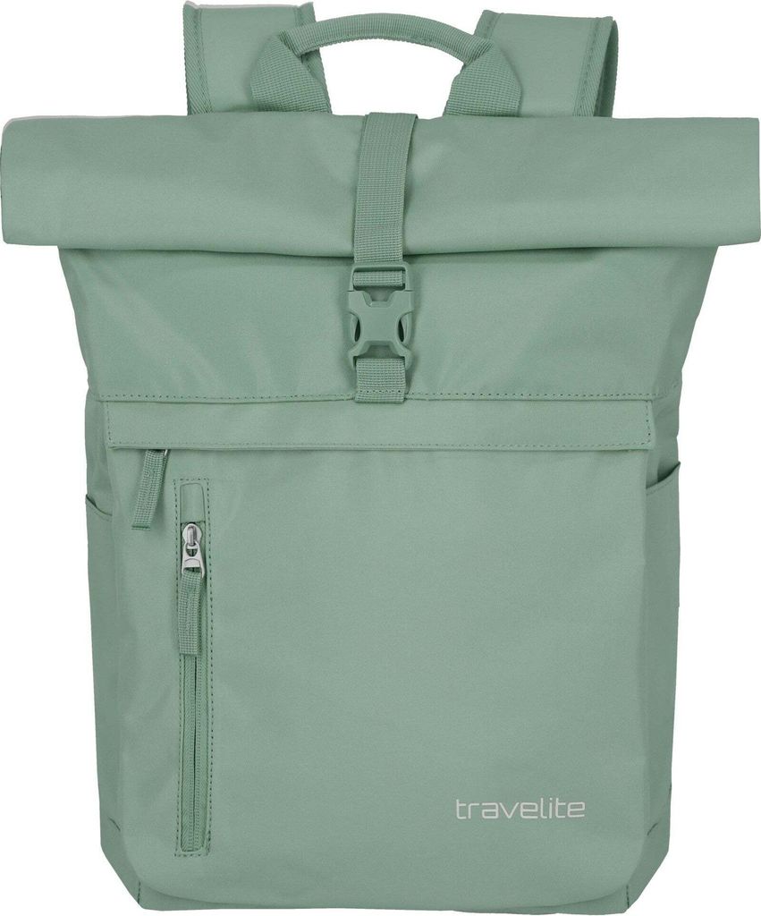 A front view of a green roll-top backpack against a white background.