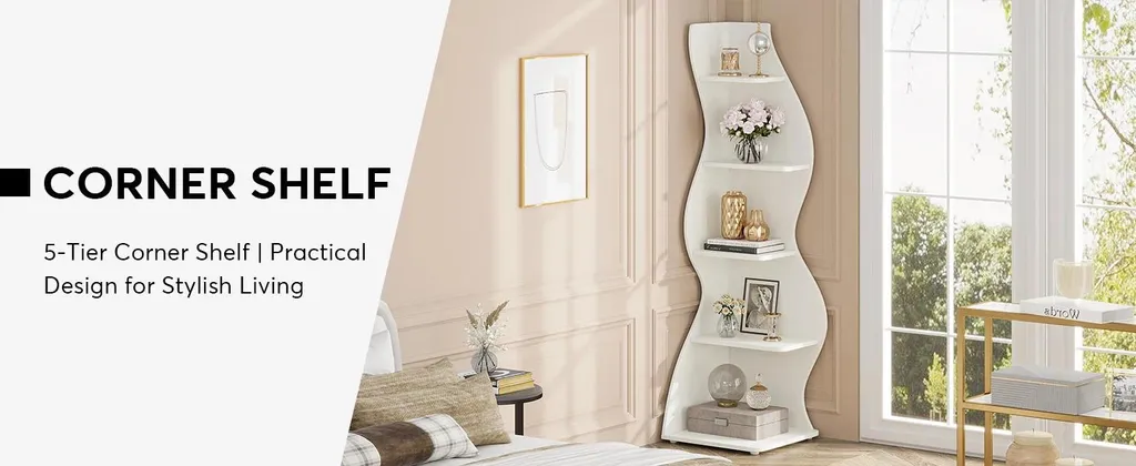 Étagère d'angle ondulée blanche à 5 niveaux - Bibliothèque design Taille L