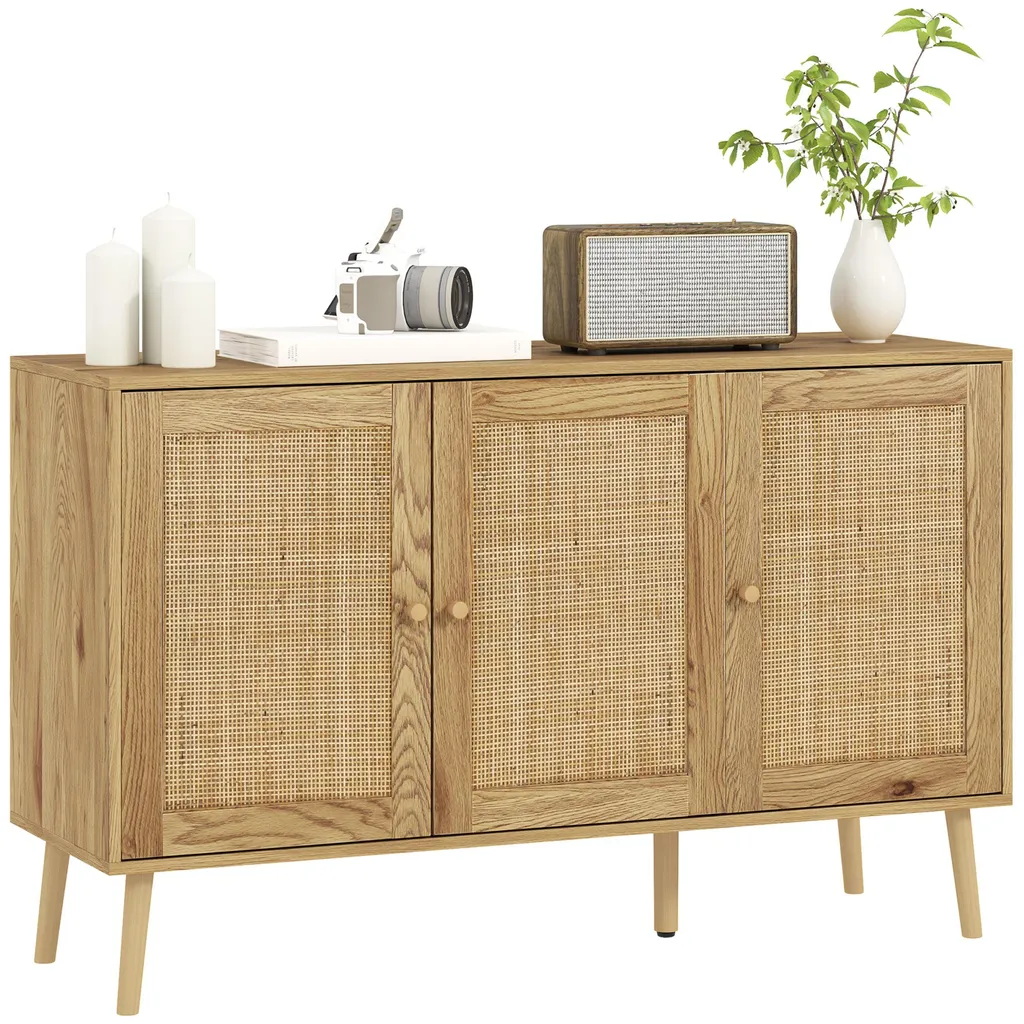 Meuble de rangement polyvalent bois et rotin pour salon et salle à manger