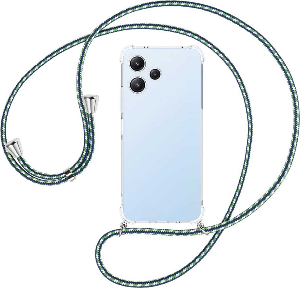 Handykette Backcover-Schutzhülle mit Band (Metall silberfarben) für Xiaomi Poco M6 Pro 5G, Redmi 12 5G, Note 12R - grün/blau/weiß