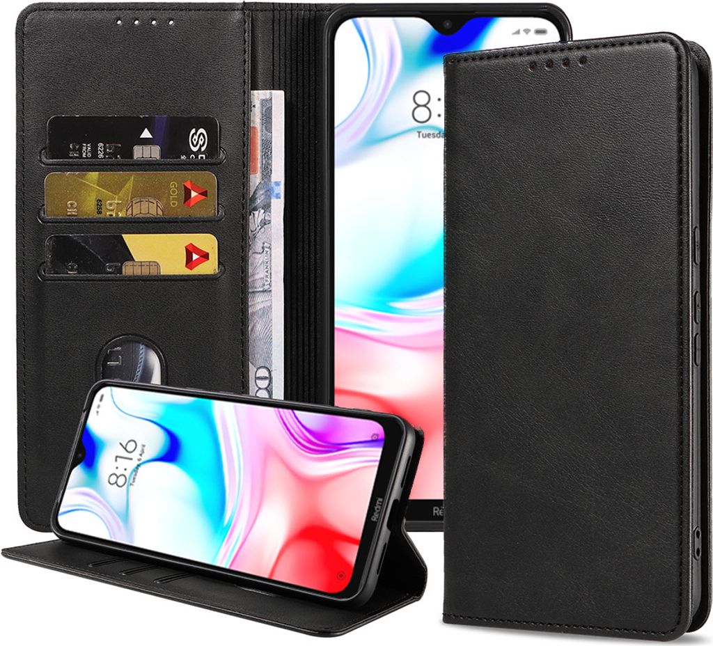 Smartphonica Handytasche geeignet für Xiaomi Redmi 8 Kunstlederhülle mit Magnetverschluss und Kartenhalter Buchhülle mit Klappe - Schwarz