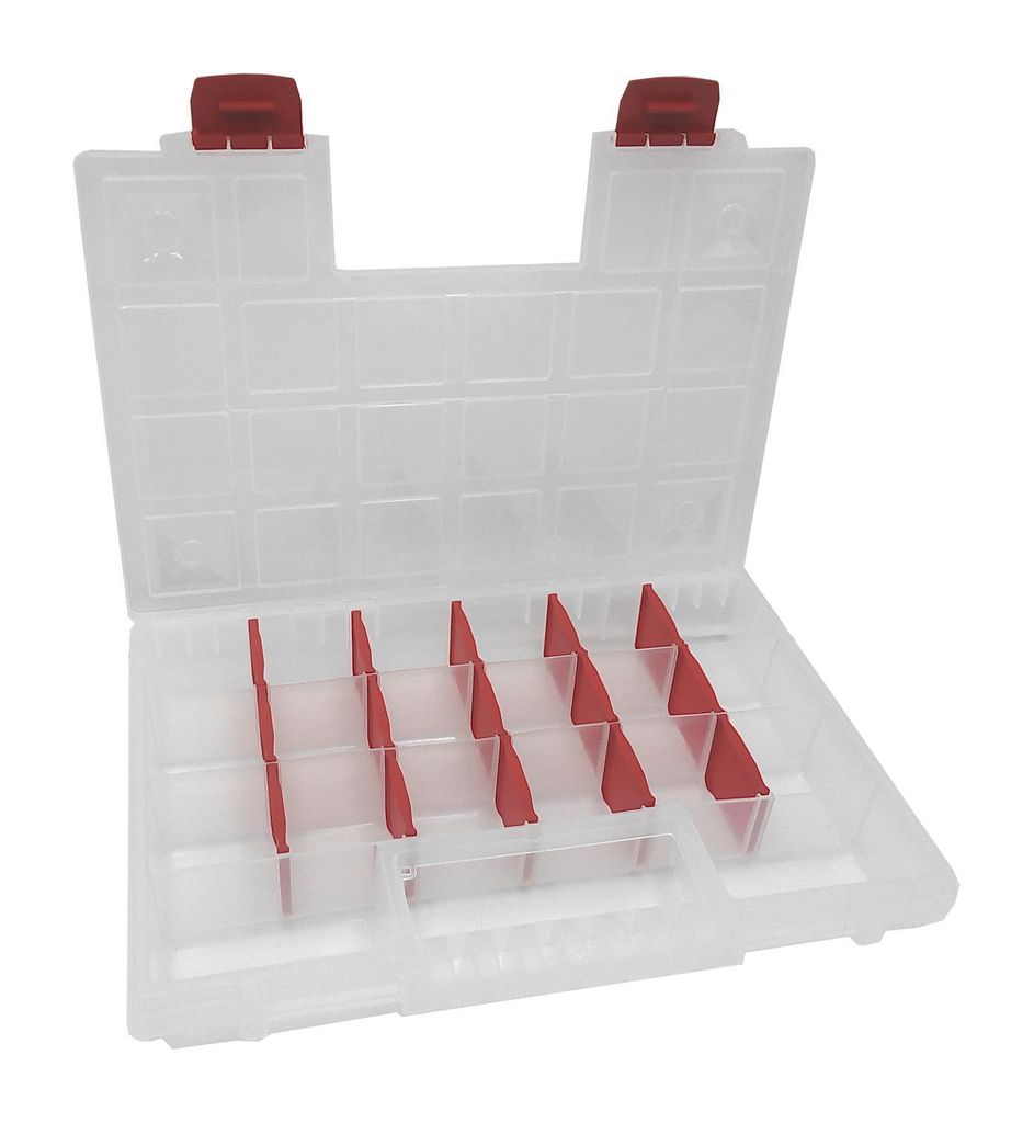 An open, clear plastic storage box with red dividers, shown against a white background.