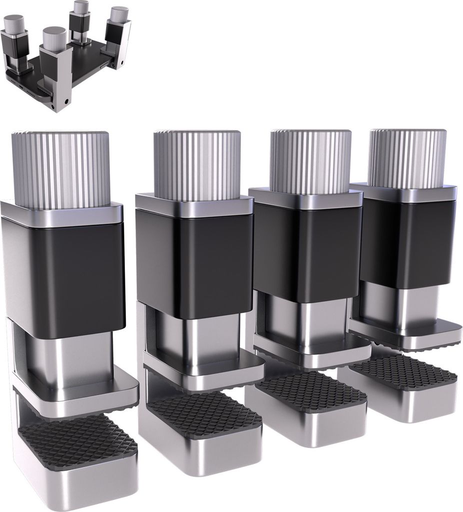 Four adjustable clamps are shown in the foreground, with a smaller group of similar clamps in the background.