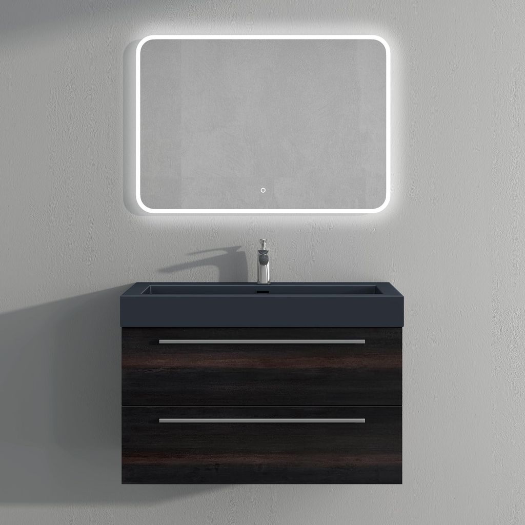 Mai & Mai Badmöbelset Komplett Set Waschbeckenunterschrank 90cm Unterschrank in Dunkelgrau mit Waschschbecken und LED-Badspiegel Quadratto