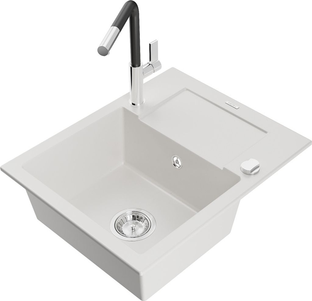 Mexen Enzo 1 Becken-Granitspüle mit Abtropffläche und Mischbatterie Flora, Weiß - 6506-20-670401-07