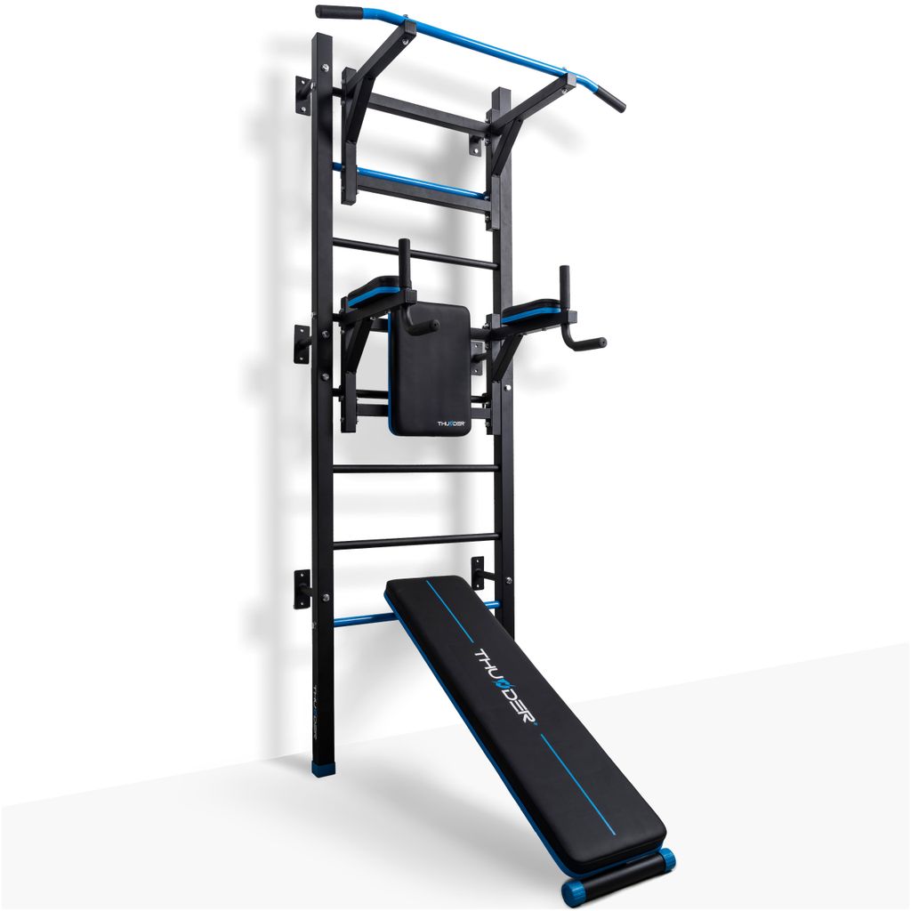 THUNDER | RITMO | Trainingsdipstation mit Klimmzugstange und Hantelbank | Wandmontage | Belastbarkeit 150 kg | Schwarz | Stahlkonstruktion