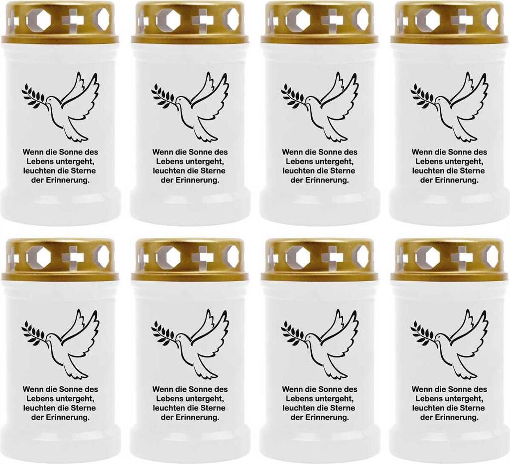 Grabkerze Weiß 8er Pack, Brenndauer: 40 Stunden ( je Kerze ), Motiv: Taube