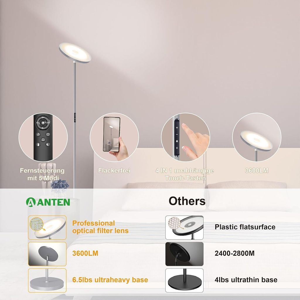 ANTENLICHT 30W Deckenfluter LED Dimmbar Grau 3330lm Moderne Produktbild 8