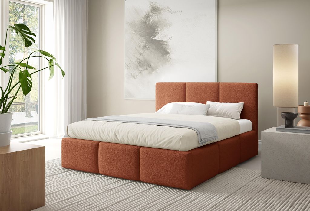 Polsterbett VALERIO mit Bettkasten, Bett 160x200, Doppelbett mit Stauraum und Lattenrost, Boxspringbett-Optik, ohne Matratze, Schlafzimmer - Fuchsrot